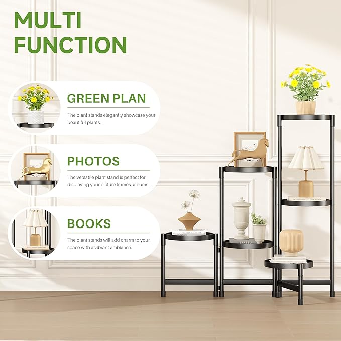 6-Tier Metal Plant Stand Indoor, Foldable Corner Plant Shelf Outdoor, Rotatable Tiered Tall Plant Stand, Black Multiple Plant Stands for Patio Living Room Balcony Garden Home Decor