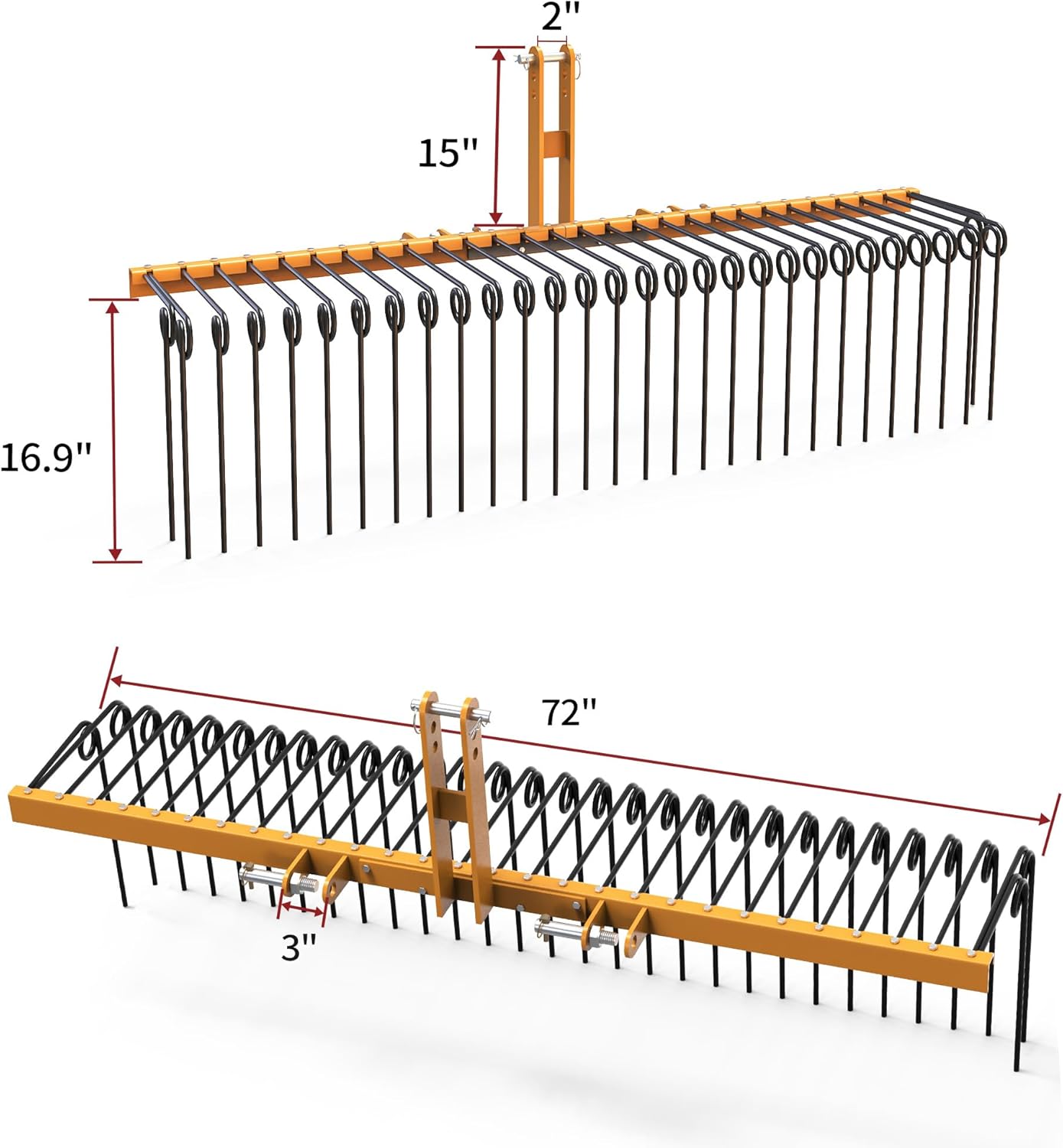 YITAMOTOR 72" Durable Powder Coated Steel Pine Straw Rake Steel Spring Landscape Rake Attaches to Cat-0 Cat-1,3 Point Hitch for Tractor, Yellow Black