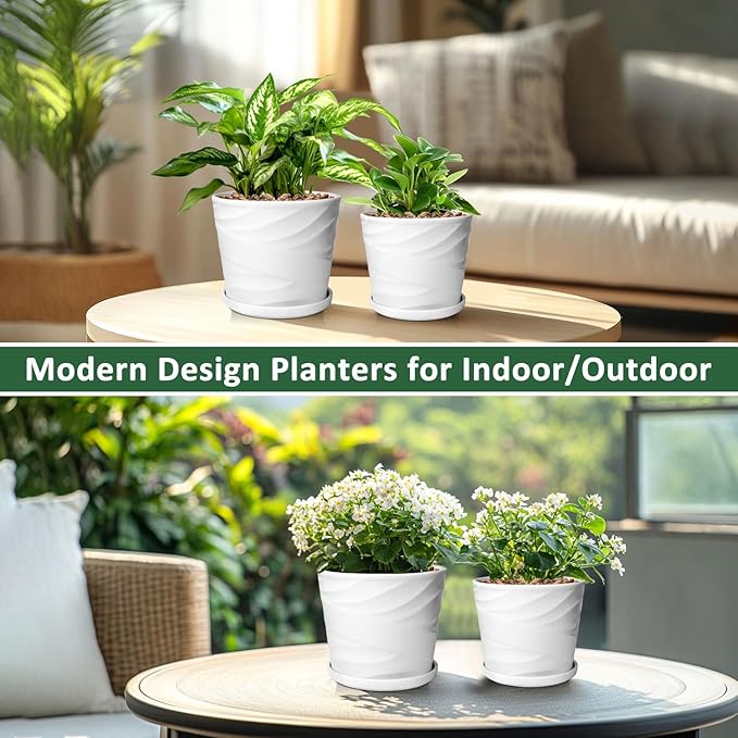 6.7 + 5.5 Inch Plant Pot, Ceramic Planter with Drainage and Saucer，Ceramic Pots for Plants, Indoor Plant pots，Succulent Orchid Flower Pot(Pure White)