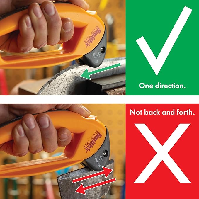 Smith’s 50582 Axe & Machete Sharpener - Axe, Machete, Hatchet, & Mower Tools - Large Handle w/ Finger Guard - Handheld Manual - Replaceable Carbide Blades - Wire-Bristled Cleaning Brush - Durable