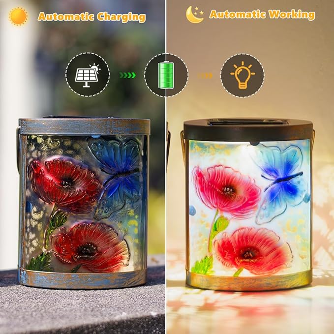 2 Pack Glass Butterfly Solar Lanterns Outdoor Waterproof, Hanging LED Solar Lantern for Tabletop Garden Yard Patio Decor