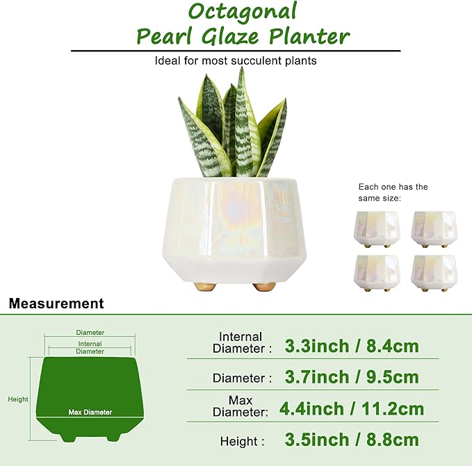 4 Inch Succulent Planter Ceramic Pot for Indoor Plants - Flower Pots with Drainage Hole - Set of 4