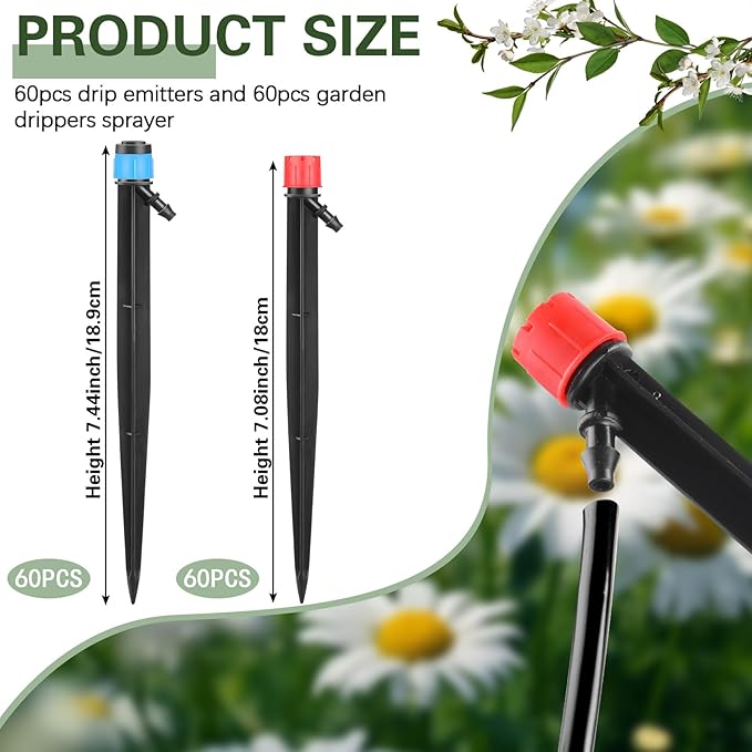 120 Pcs Drip Irrigation Emitters for 1/4'' Drip Irrigation Tubing 60 Irrigation Emitters Sprayer 60 Adjustable 360 Degree Water Flow Drippers for Patio Lawn Garden Watering