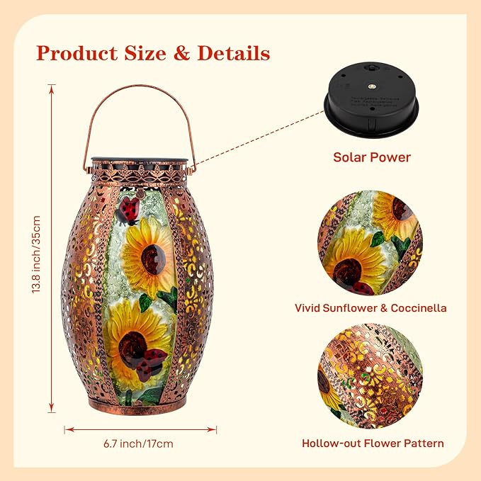 Sunflower Solar Lanterns Outdoor Waterproof,Hanging Solar Lantern with Ladybug,Outdoor Solar Lanterns with Hollowed-Out Design Metal &Glass Lantern,Solar Lights for Garden Patio Lawn Decor