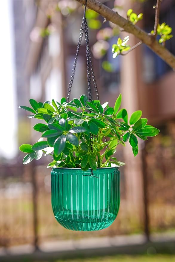 Melphoe 2 Pack Self Watering Hanging Planters Indoor Flower Pots, 6.5 Inch Outdoor Hanging Basket, Plant Hanger with 3Hooks Drainage Holes for Garden Home (Emerald)