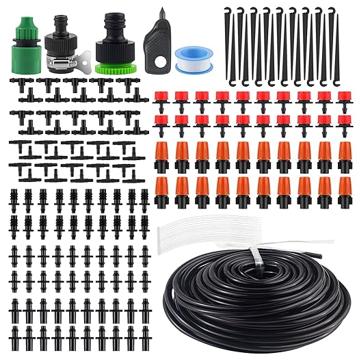 MSDADA Drip Irrigation Kit, 50ft Garden Automatic Irrigation System, 1/4" Blank Distribution Tubing Hose Adjustable Nozzle, Plant Watering Kit for Garden, Patio, Greenhouse, Flower Bed, Lawn