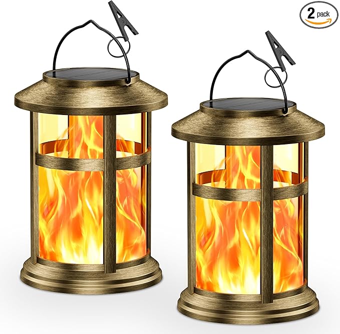 Wdtpro Solar Lanterns Outdoor Waterproof, 2 Pack Upgraded Flickering Flame Solar Lantern Outdoor Lights, Bright Hanging Lights for Outside, LED Lantern for Yard Garden Patio Decor (Antique Copper)
