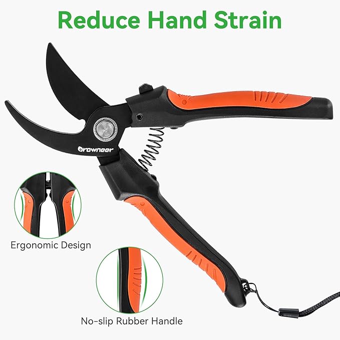 GROWNEER Bypass Pruning Shears, 8 Inch Teflon Coated Plant Scissors, Hand Pruners for Gardening, Garden Clippers Handheld, Hedge Trimmers with Sap Groove and Lanyard for Branch, Flower, Bonsai