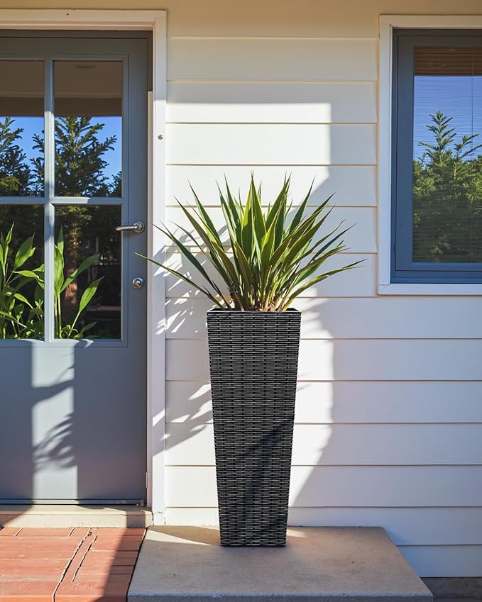 Greesum Large Tall Planter for Outdoors Plants, Set of 2, 32" Tall Plastic Flower Pots, Tapered Porch Planter with Drainage Holes for Patio, Backyard, Black