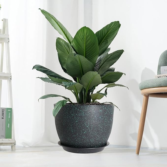 12inch Large Plant Pot, Modern Plastic Planter with High Driange Holes and Saucer for Indoor Outdoor Garden Plants and Flowers, Black with Green Speckles