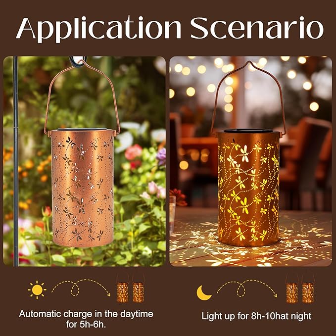 Mothers Day Gifts,Solar Lanterns Outdoor Hanging Lantern Lights, Dragonfly Hollowed-Out Metal Decor Lantern, Waterproof LED Decorative Garden Light - Delicate Garden Decoration for Patio, Yard