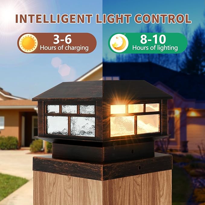 Solar Post Lights Outdoor, 20LM Fence Post Cap Lights, Waterproof, 2 Light Modes, Fit 3.5x3.5in 4x4in 5x5in Wooden Post, Solar Power Deck Lights for Garden Deck Patio Decoration(Bronze 2Pack)