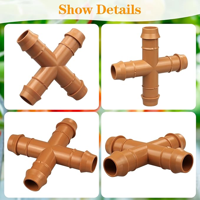 Drip Irrigation Fittings Barbed Cross Tee for 1/2" Irrigation Tubing(0.600" ID), 14 Pieces Barbed 4 Way Connectors, Drip Line 4 Way Couplings for Drip Sprinkler Garden Lawn Systems