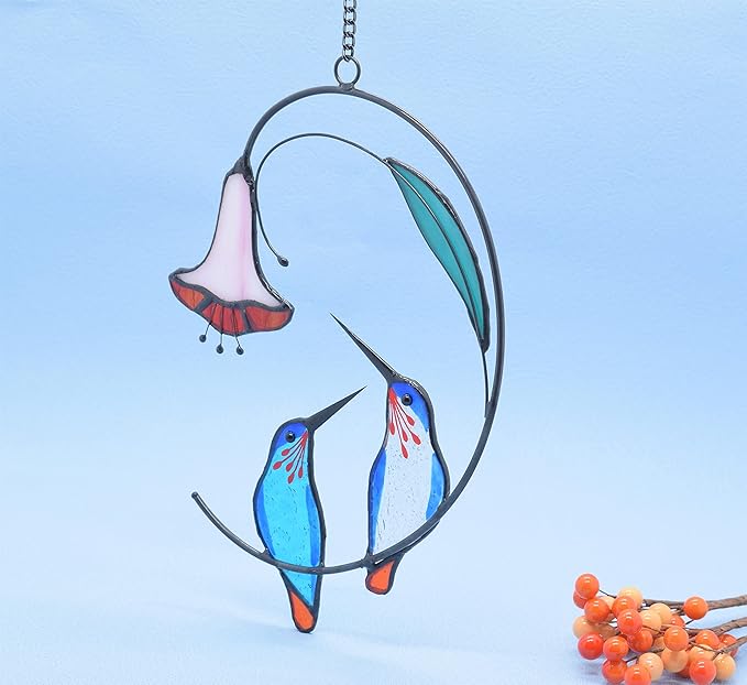 Lolitarcrafts Hummingbird with Flower Stained Glass Suncatcher Bird Stained Glass Window Hangings Hummingbird Gift for Home Decor (Blue 1 Pair)