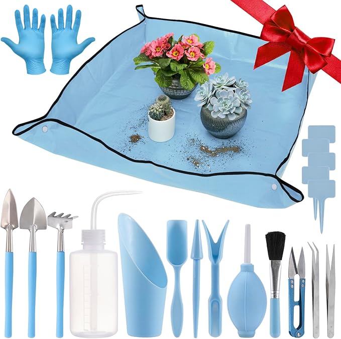 20 pcs Succulent Tool Set - 39.4" Indoor Plant Repotting Mat and 19 Pcs Mini Succulent Hand Tools, Garden Flower Plants Transplanting Supplies for Christmas Holiday Gardening Gifts Outdoor, Blue