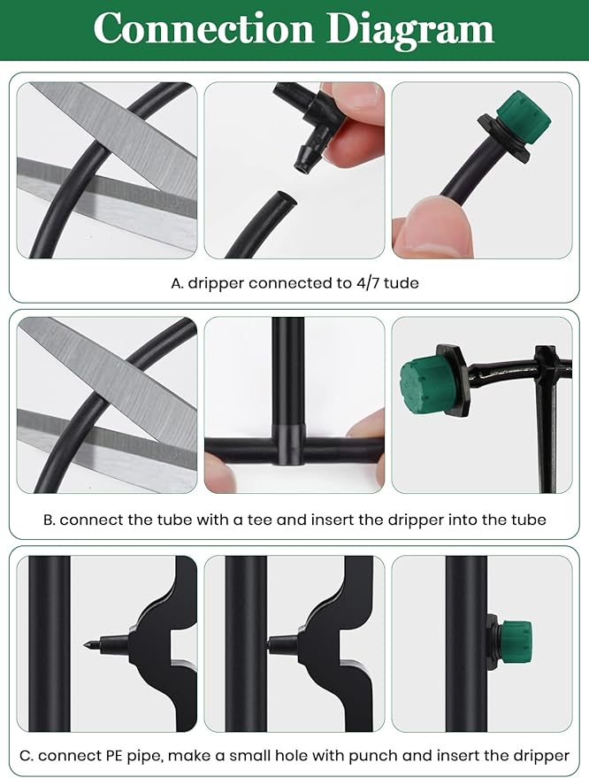 Kalolary 200Pcs Adjustable Irrigation Drippers, 1/4 Inch Barbed Drip Emitter 360 Degree Watering Sprinklers Anti-Clogging Drippers for 4mm/7mm Garden Watering System（Dark Green）