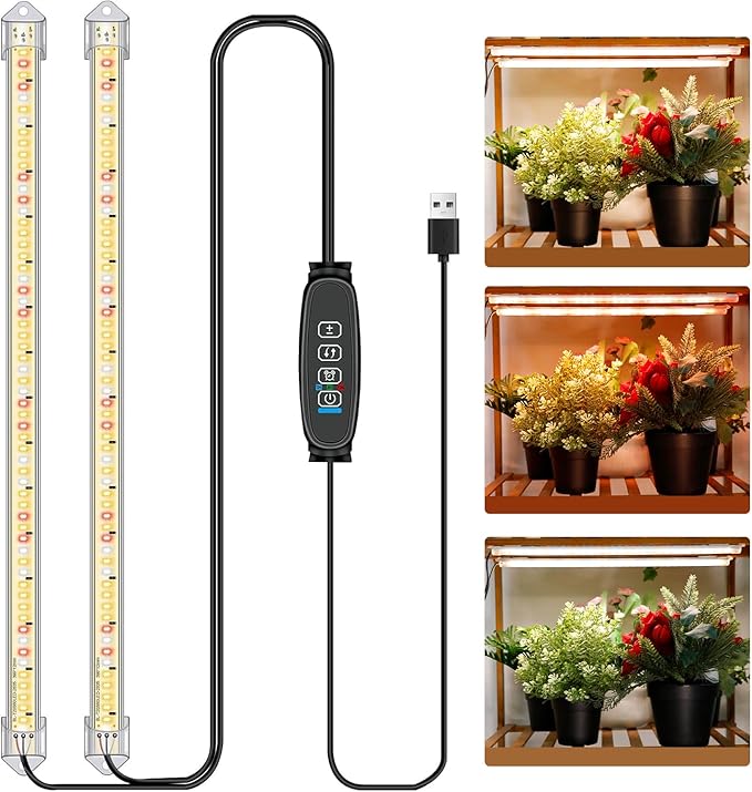 16 in Plant Grow Light Strips,120 LEDs Grow Lights for Indoor Plants Full Spectrum with 3/9/12H Timer & 10 Dimmable Levels,Sunlight Plant Growing lamp for Hydroponics 2 Heads(No Adapter)