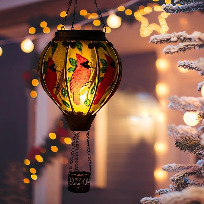pearlstar Hot Air Balloon Solar Lantern with Flickering Flame Light Outdoor Solar Hanging Lights Waterproof for Garden Yard Farmhouse Patio Pathway Christmas Decoration,Glass(Cardinal)