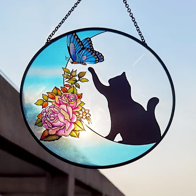 Cat Stained Glass Butterfly on Moon Gifts, Handcrafted Suncatchers Black Cat for Stained Glass Window Hangings, Cat Gifts for Cat Lovers, Painted Glass Panel Decor Funny Cat Themed Gift