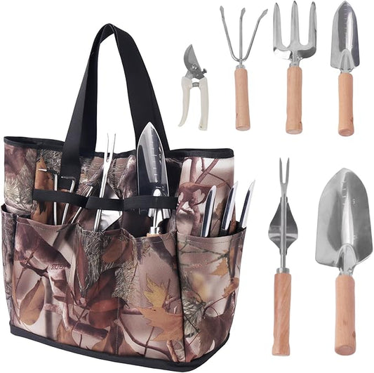 Outdoor Garden Tool Set, 7 Pcs Floral Gardening Set for Women Leaf Camouflage Gardening Kit with Garden Tool Bag, Trowel, Weeder Fork, Hand Rake, Pruning Shears, Cultivator, Transplanter