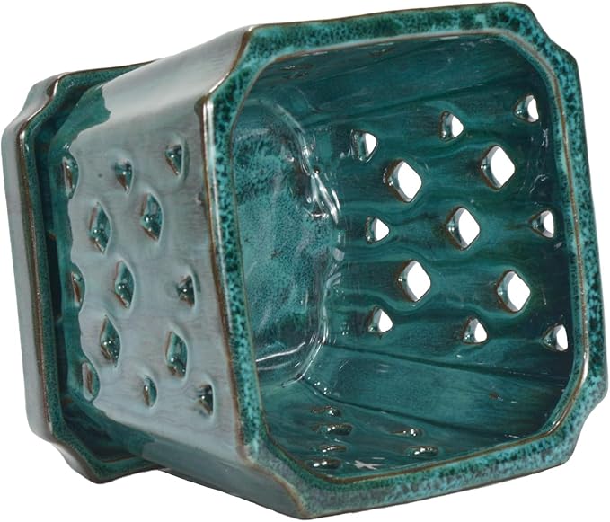 W&W Orchid Pot with Holes and Saucer for Repotting, Green Mix,7 Inches