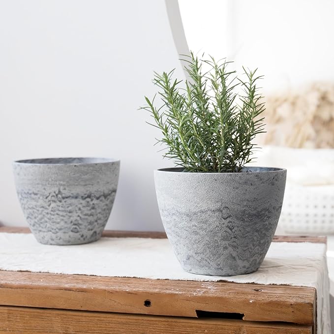 LA JOLIE MUSE Flower Pots Outdoor Garden Planters, Indoor Plant Pots with Drainage Holes, Plastic, Marble Pattern Grey, Set 2 (7.5 + 7.5 Inch)