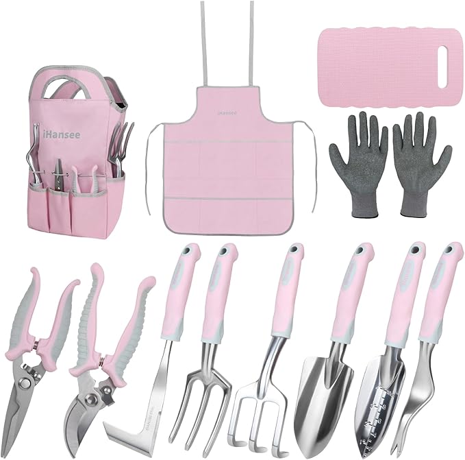 Pink Garden Tool Set 12 Pieces, iHansee Aluminum Gardening Hand Tools with Non-Slip Handle, Kneeling Pad, Apron, Gloves and Organizer Bag, Landscaping Tools - Gift for Women & Garden Enthusiasts