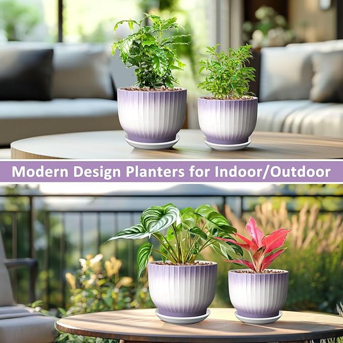 6.7 + 5.5 Inch Plant Pot, Ceramic Planter with Drainage and Saucer, Ceramic Pots for Plants, Indoor Plant pots,Ceramic Flower pots（Purple + White, Plants NOT Included）