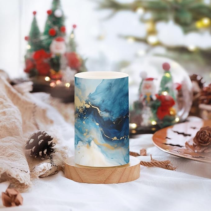 Flickering Flameless Candles, Marble Navy Blue LED Candles with Remote Timer, Set of 2 Battery Operated Candle for Valentine Wedding Birthday