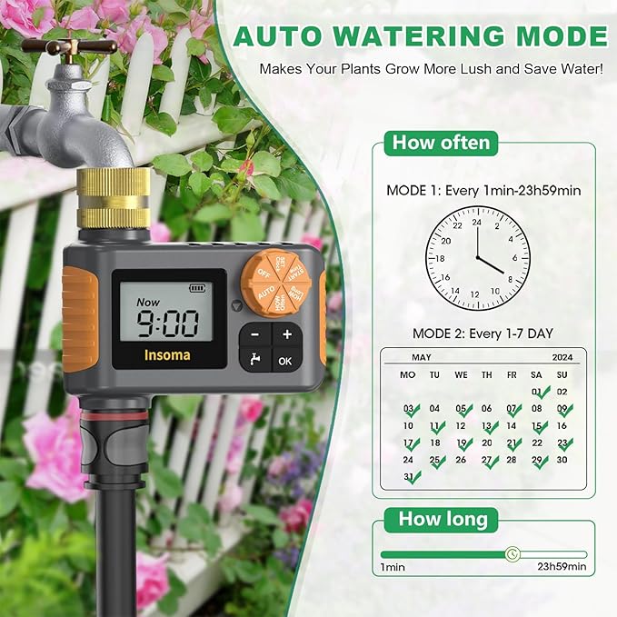 Sprinkler Timer, Hose Timer with Brass Inlet, Water Hose Timer with Rain Delay/Manual/Auto Watering, Auto Irrigation Timer for Yard & Greenhouse, IP55 Waterproof