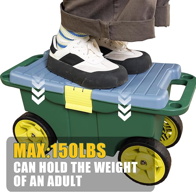 Torin AG594B Garden Cart Scooter and Seat: Garden Stool with Bench Seat and Interior Tool Tray, Rolling Storage for Weeding and Planting, Green/Blue/Black