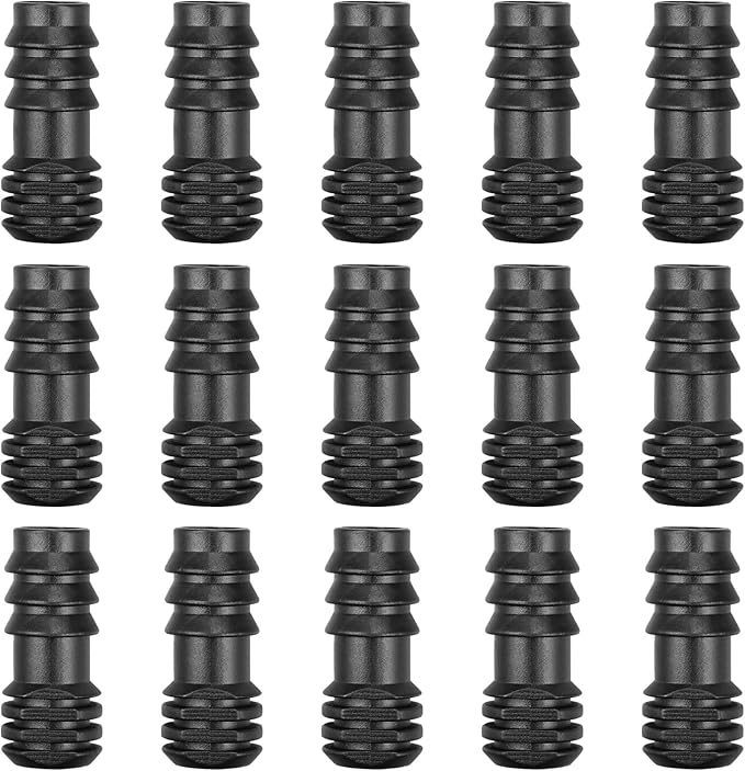 Drip Irrigation Fittings for 1/2 inch Irrigation Tubing(0.60"-0.63" OD), 15 Pieces End Plug Barbed Connectors, End Caps Plastic Plug Nuts for 1/2" Drip Irrigation Hose (13mm ID)