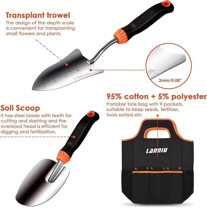 Garden Tool Set, 9 Piece Stainless Steel Heavy Duty Gardening Tool Set, with Non-Slip Rubber Grip, Storage Pocket, Ideal Garden Tool Kit Gift for Women/Parent