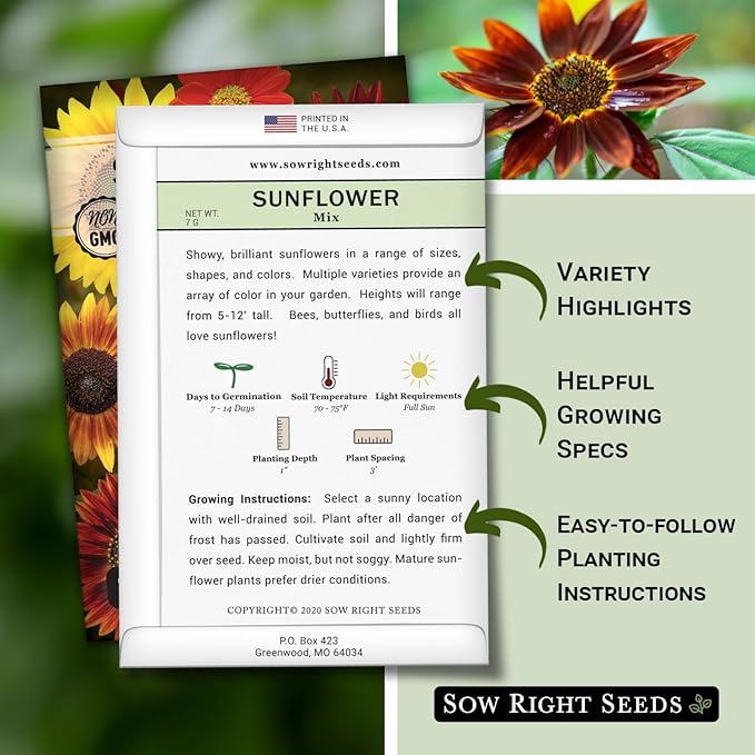 Sow Right Seeds - Mixed Sunflower Seeds for Planting - Non-GMO Heirloom Packet with Instructions - Great Wedding or Party Favor - Grow Giant Sunflowers in an Assortment of Bright, Unique Colors (1)