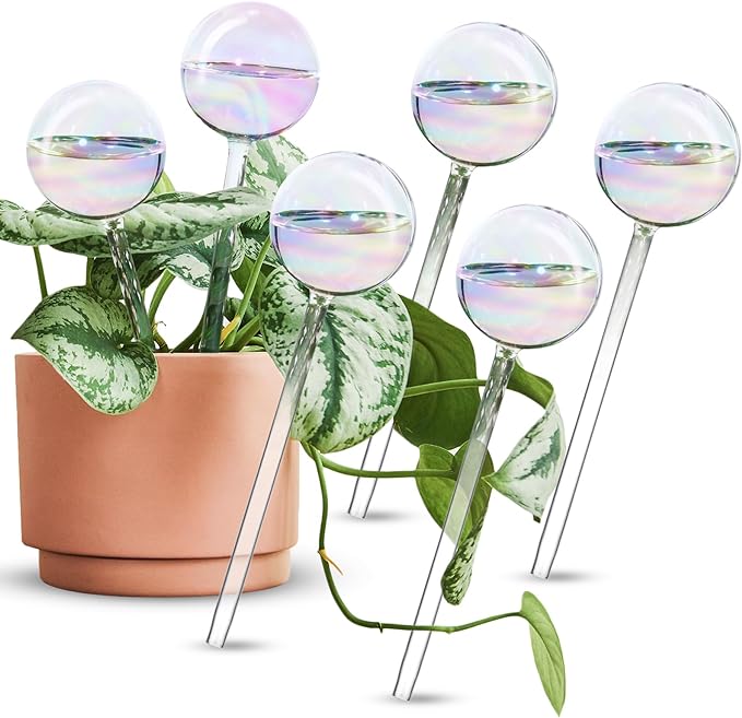 [6 PCS] Light Iridescent Rainbow Gradient Color Clear Glass Self-Watering System Spikes, Automatic Plant Waterer Bulbs
