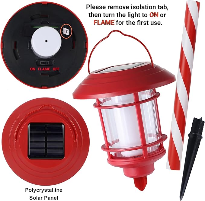 Dynaming 6 Pack Christmas Solar Flame Garden Lights Outdoor, Dual Use Flickering Flame Torch Candy Cane Pathway Marker, Xmas Hanging Lantern Lights, Waterproof & Auto On/Off for Patio Walkway Driveway