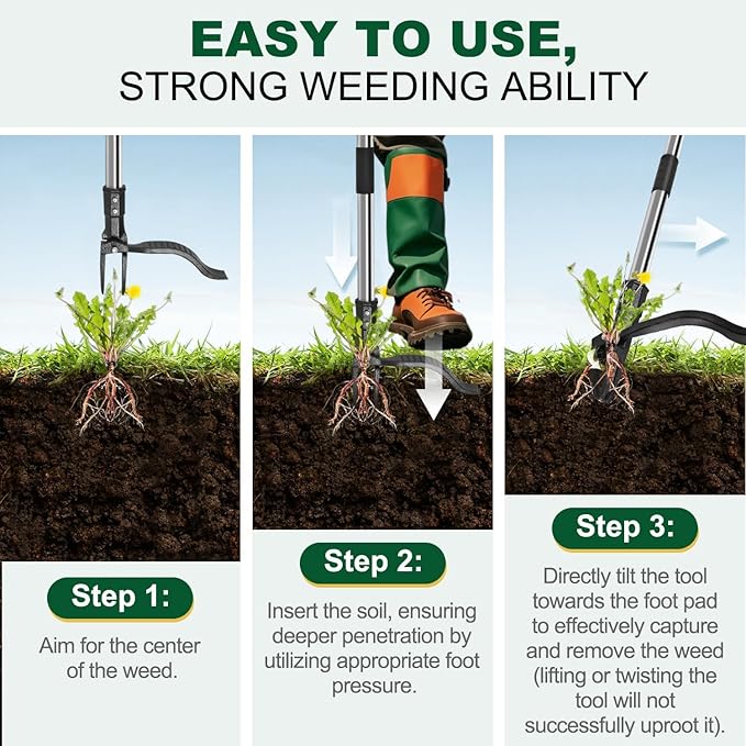 Aimery Weed Puller Tool, Weed Removal Tool, Vertical Weed Puller, Adjustable - Height and Detachable Garden Vertical Root Remover, which can Easily Remove Weeds Without Squatting or Kneeling.