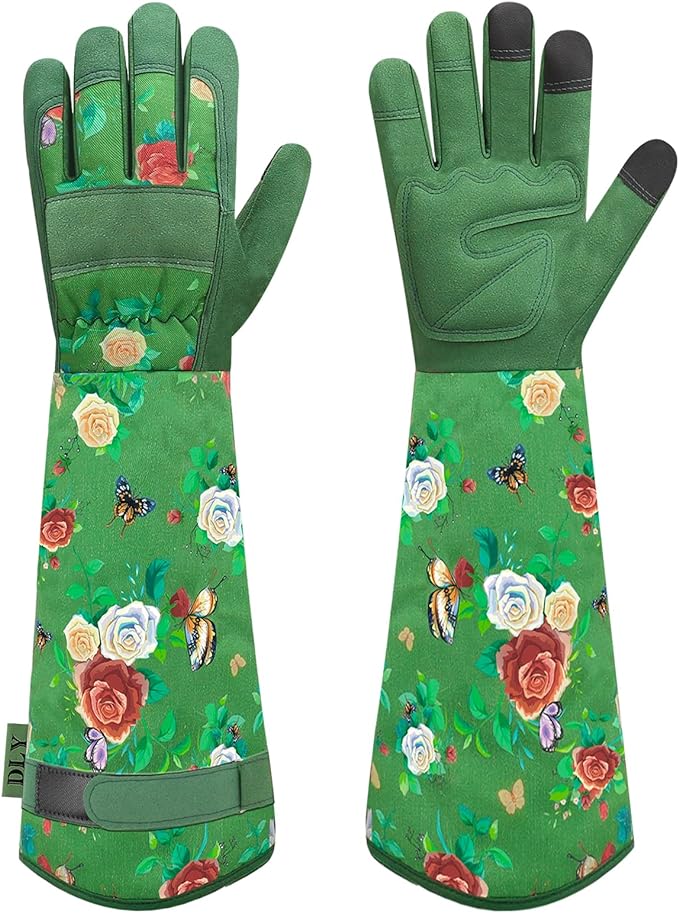 DLY Gardening Gloves for Women, Rose Gloves Gardening Thorn Proof, Long Garden Gloves for Women, Durable and Comfortable Leather Gauntlet (Small, Green