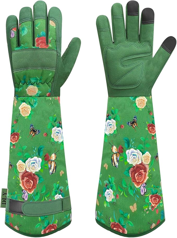 DLY Gardening Gloves for Women, Rose Gloves Gardening Thorn Proof, Long Garden Gloves for Women, Durable and Comfortable Leather Gauntlet (Large, Green