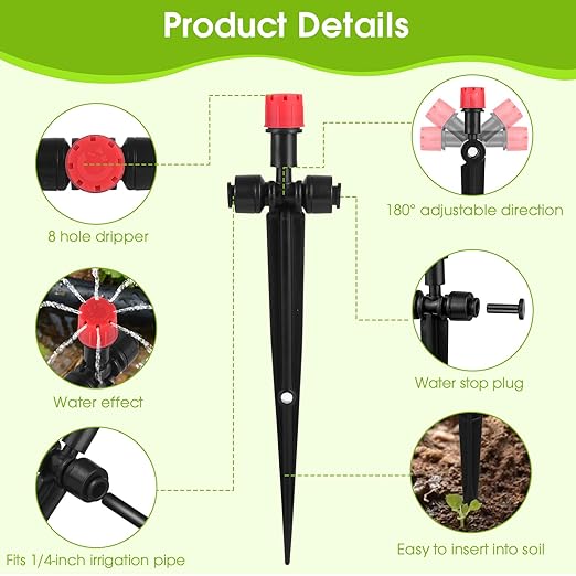 25 Pcs Drip Irrigation Emitters with Stake - Adjustable Drip Emitter Stream for 1/4" Drip Line Irrigation Tubing - Drip Irrigation System Parts Drippers Sprinkler Heads for Garden Watering System -Red