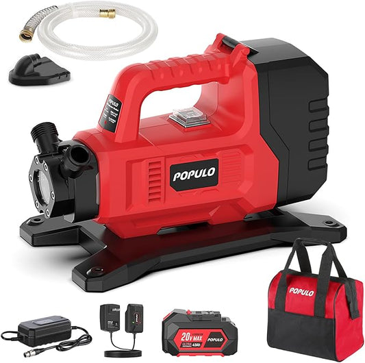 POPULO Hybrid Water Transfer Pump, 20V or 120V Portable Cordless Utility Pump, Upgraded 325 GPH Electric Transfer Water Pump with 4.0Ah Battery for Rain Barrel, RV, Tank, Irrigation, Ponds, Garden