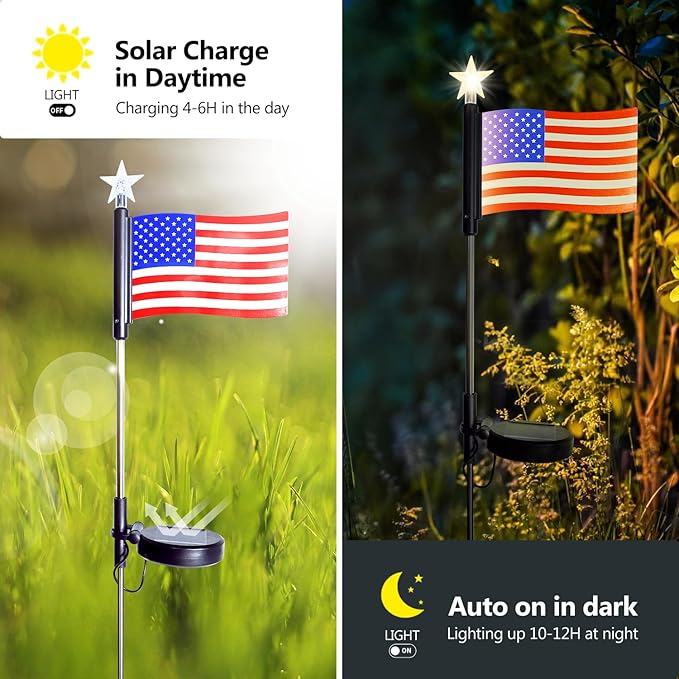 Flumy 4 Pack Solar American Flag Lights Outdoor for Garden, Solar Garden Lights for USA Election Yard Decor, Glowing American Flag Lights Suit for Veterans Day Thanksgiving Day Christmas Decoration