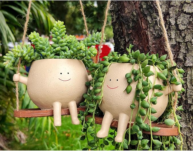 Hanging Planter,Cute Swinging Planter with Smiley Face, for Indoor/Outdoor Plants,Swinging Plant Pot Hanging with Drainage Hole, (Swing,Khaki)