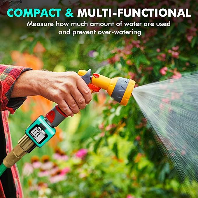 RESTMO Water Flow Meter with Brass Inlet Metal Thread, Measure Gallon/Liter Consumption and Flow Rate for Outdoor Garden Hose Watering, RV Water Tank Filling, Lawn Sprinkler and Nozzle Sprayer