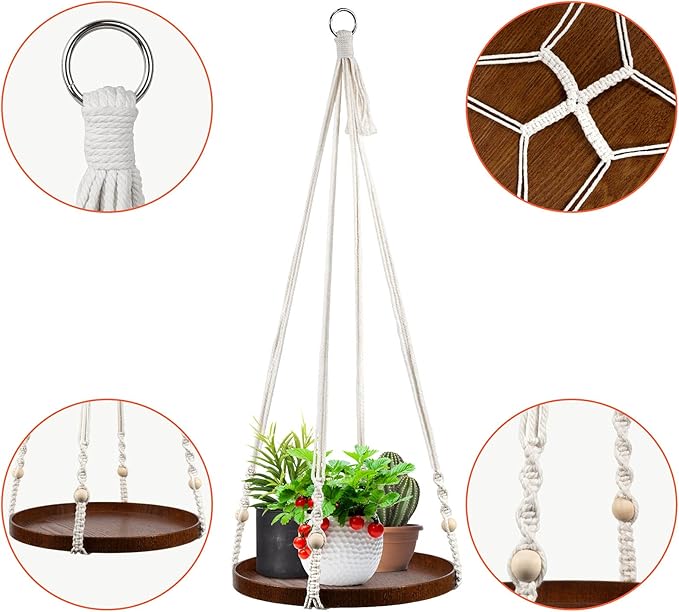 Macrame Plant Hanger - 2 Set Indoor Hanging Planter Shelf - Hanging Planter Rack Decorative Flower Pot Holder - Handmade Cotton Plant Hangers with Wood Tray Boho Home Decor