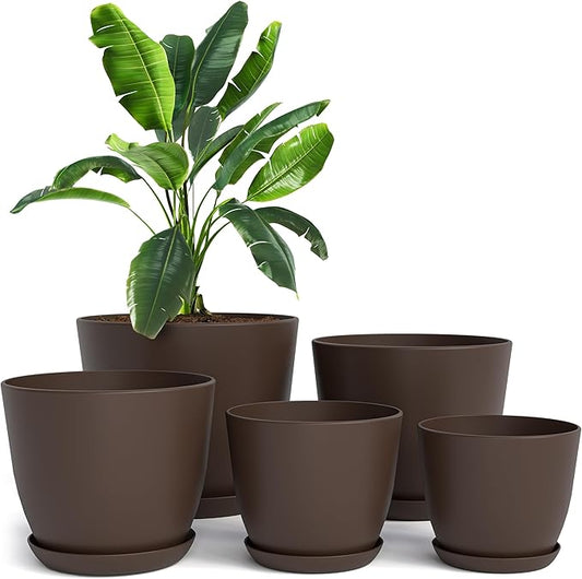 Utopia Home - Plant Pots Indoor with Drainage - 7/6.6/6/5.3/4.8 Inches Home Decor Flower Pots for Indoor Planter - Pack of 5 Plastic Planters for Indoor Plants, Cactus, Succulents Pot - Brown