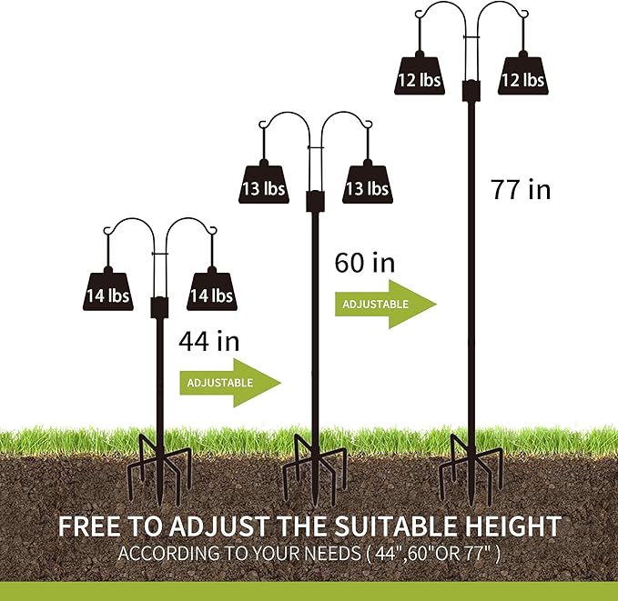 XDW-GIFTS Double Shepherds Hooks for Outdoor, 2-Pack Heavy Duty Garden Pole for Hanging Bird Feeder, Plant Baskets, Solar Light Lanterns, Garden Plant Hanger Stands with 5 Base Prongs
