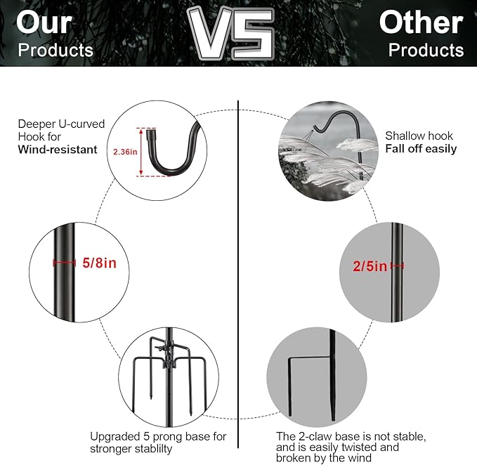 Bird Feeder Pole, 30 Inch & 5/8 Inch Diameter Stainless Steel Heavy Duty Shepherds Hooks for Outdoor to Hang Outdoor Lights with 5 Prongs Base, Rustproof for Garden Decor or Wedding Decors(Black)