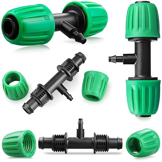 12 Pack Drip Irrigation Fittings for 1/2 Inch to 1/4 Inch Tubing Reducing Tee：1/2" (1/2" ID x 0.65" OD) to 1/4" Drip Line Anti-drop Locked Nut Barbed Reducer Tee Connectors