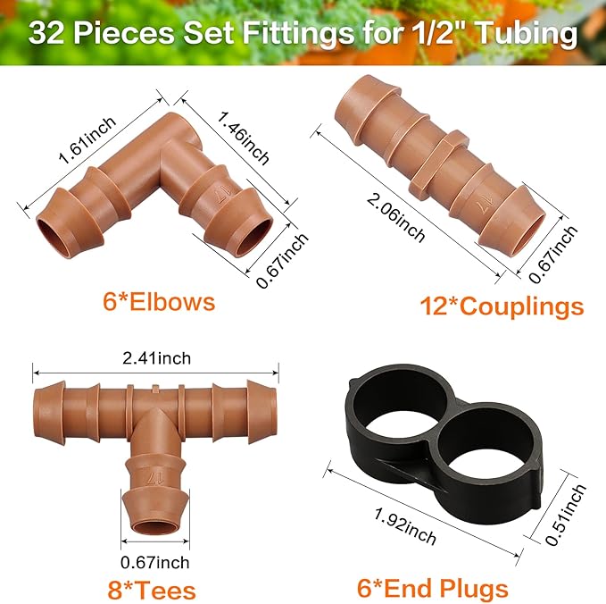 Drip Irrigation Fittings Kit for 1/2" Tubing, 32 Pieces Drip Line Connectors for Drip Sprinkler Systems - 12 Couplings, 8 Tees, 6 Elbows, 6 End Caps, Drip Irrigation Parts for 1/2 Inch Drip Hose